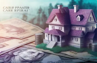 a_model_house_on_top_of_dollar_bills_and_coin_stacks_with_blurred_text_in_the_background A model house on top of dollar bills and coin stacks, with blurred text in the background.